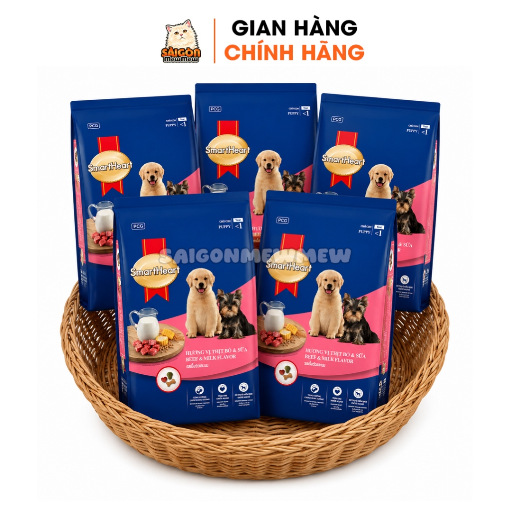 [Combo 5 Gói] Hạt SmartHeart Puppy 400g Cho Cún Con Tập Ăn – Dinh Dưỡng Cao, Hương Vị Bò & Sữa