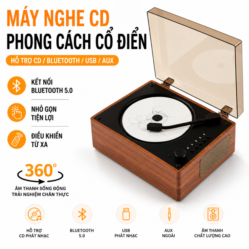 Máy Nghe CD Vintage Cao Cấp, CD Player Bluetooth, Máy Phát CD, Loa CD Retro, Âm Thanh Chuẩn, Thiết K