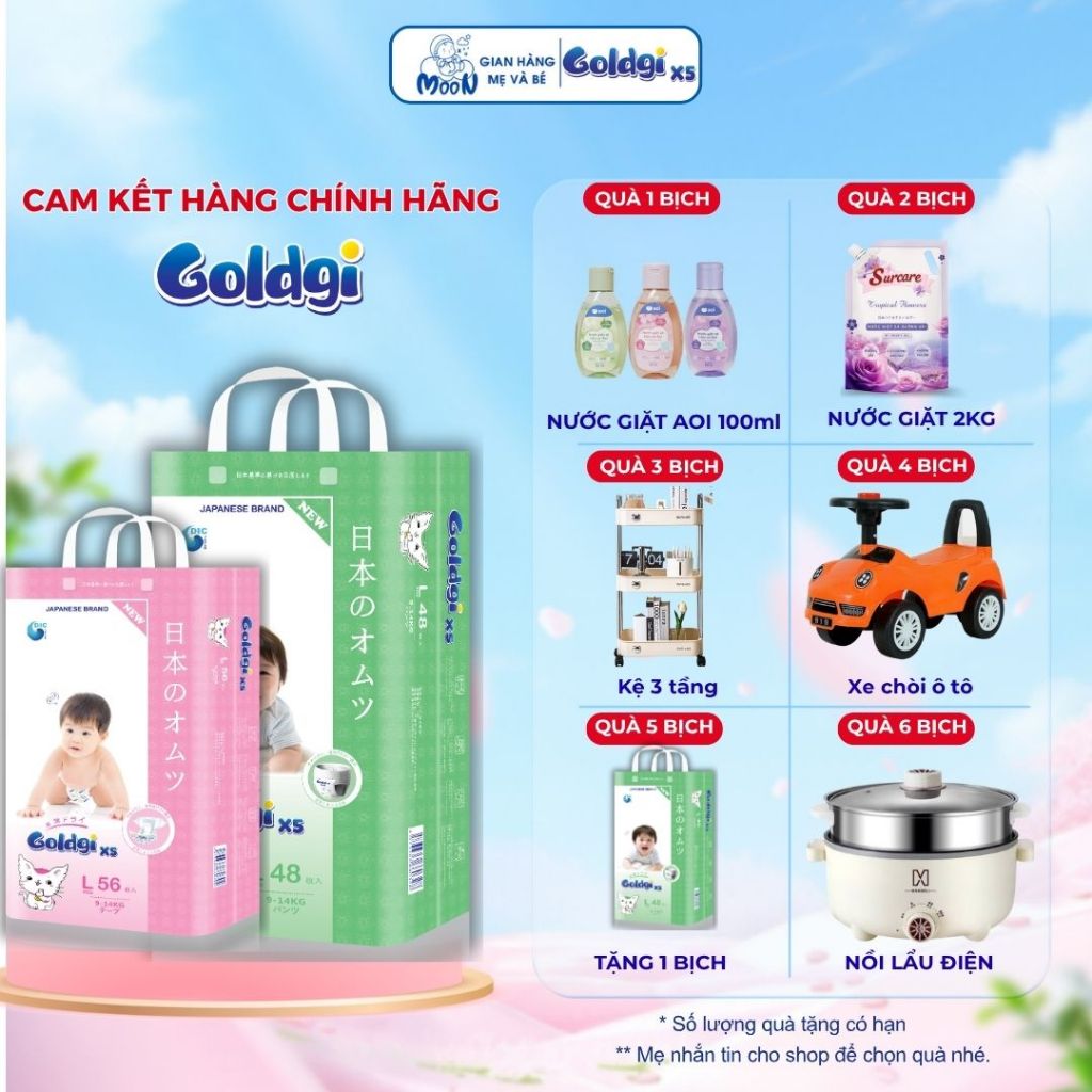 Bỉm Goldgi X5 Nhật Bản, Tã Goldgi X5 Cho Bé Siêu Mỏng, Thấm Hút Tốt, Mềm Mại Cho Bé Đủ Size