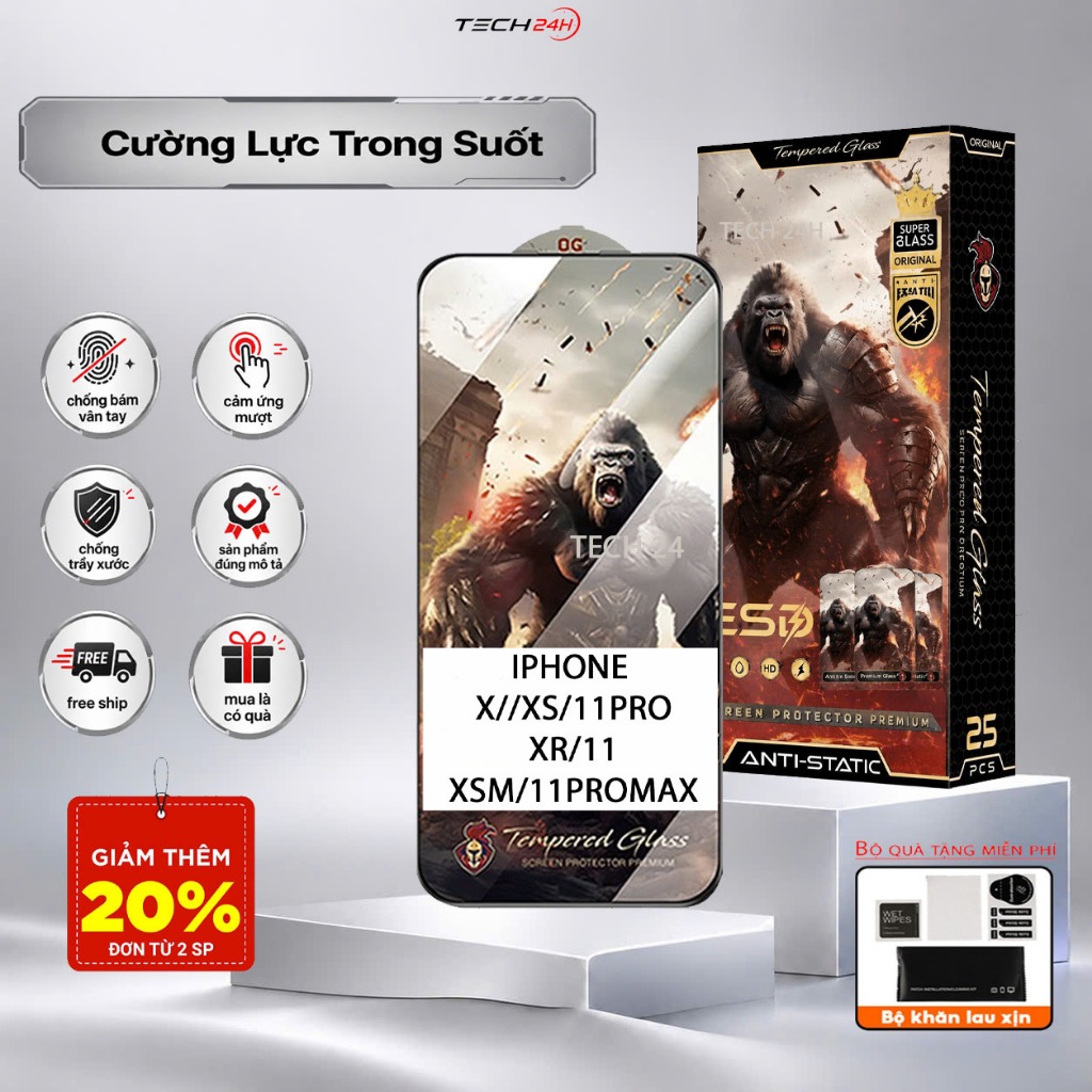 Kính Cường Lực KingKong Trong Suốt iPhone X XR XS XS Max 11 11 Pro 11 Pro Max Full Màn Cảm Ứng Mượt