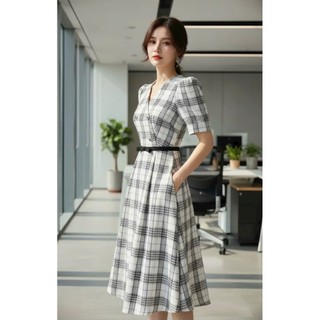 Đầm caro công sở xòe cao cấp có túi