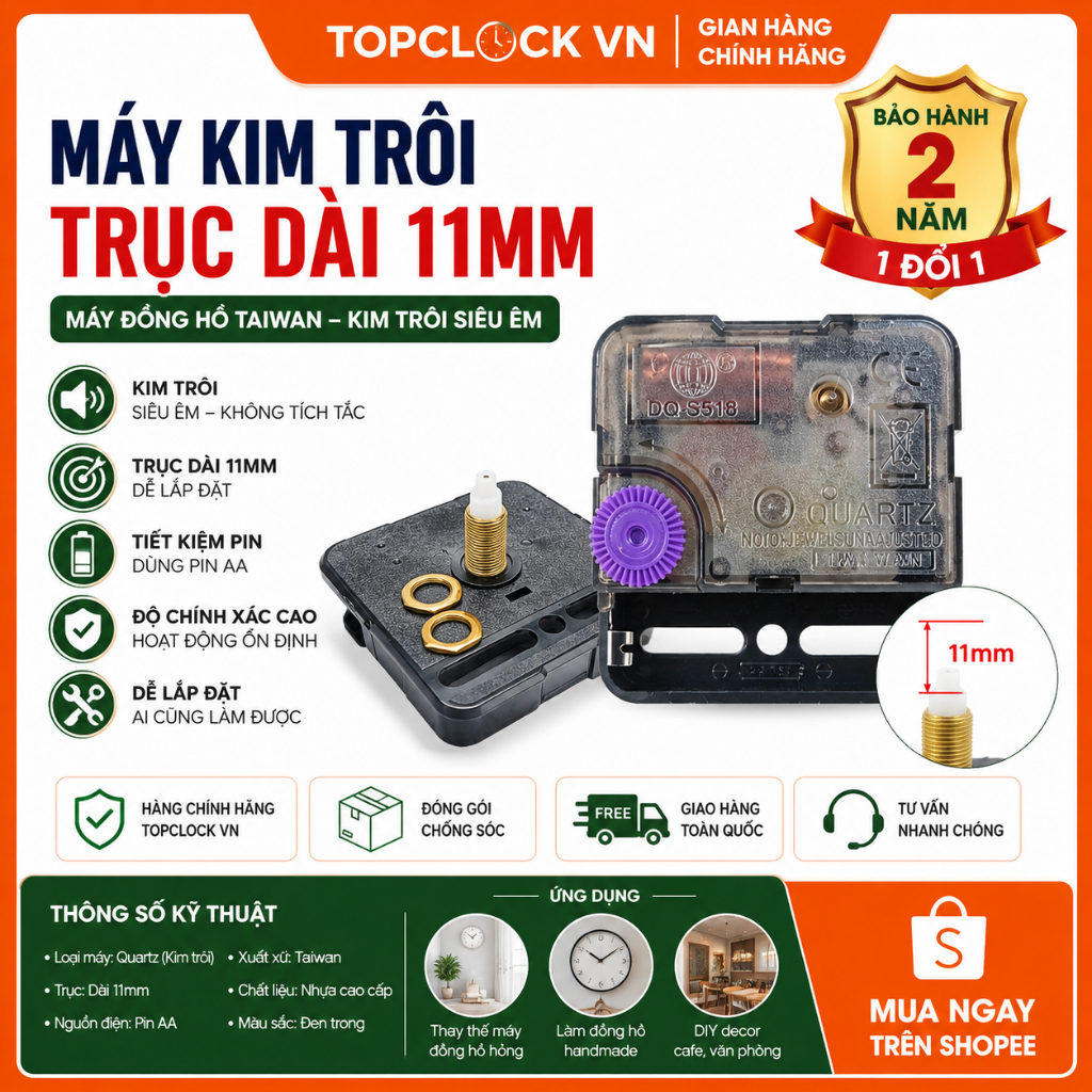 Máy đồng hồ treo tường kim trôi TAIWAN DQS518- trục đồng dài 11mm BẢO HÀNH 24 tháng