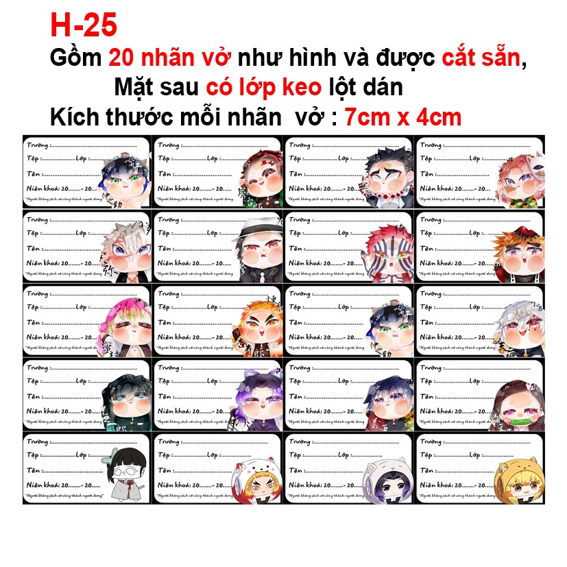 NHãn vở anime Kimetsu No Yaiba ( 1 set 16 nhãn dễ thương)