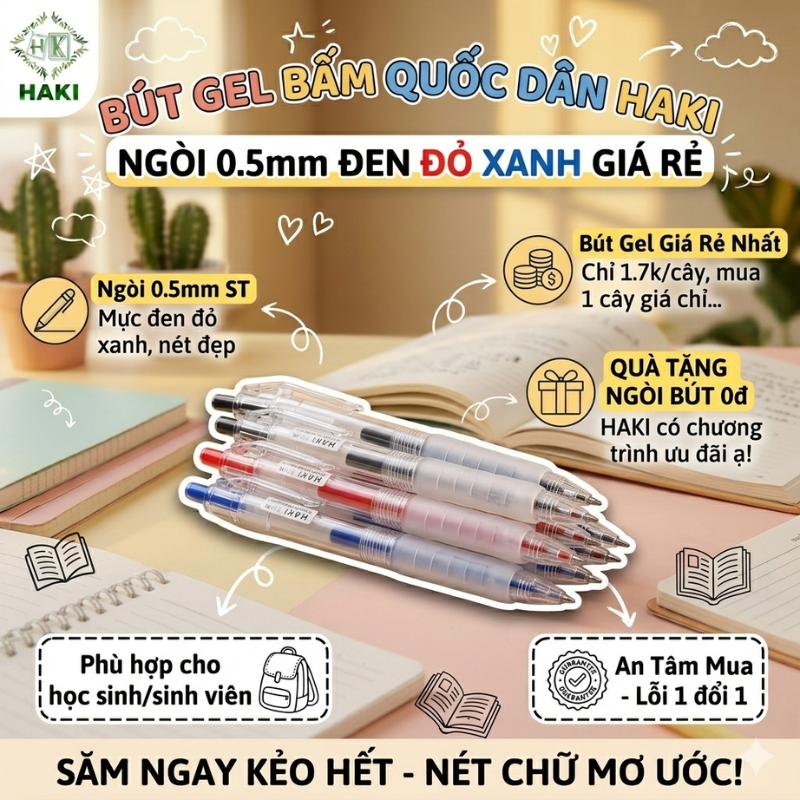 Bút bi nước văn phòng mực gel 0.5mm HAKI mực đều nét chữ đẹp đủ màu xanh đen đỏ B39