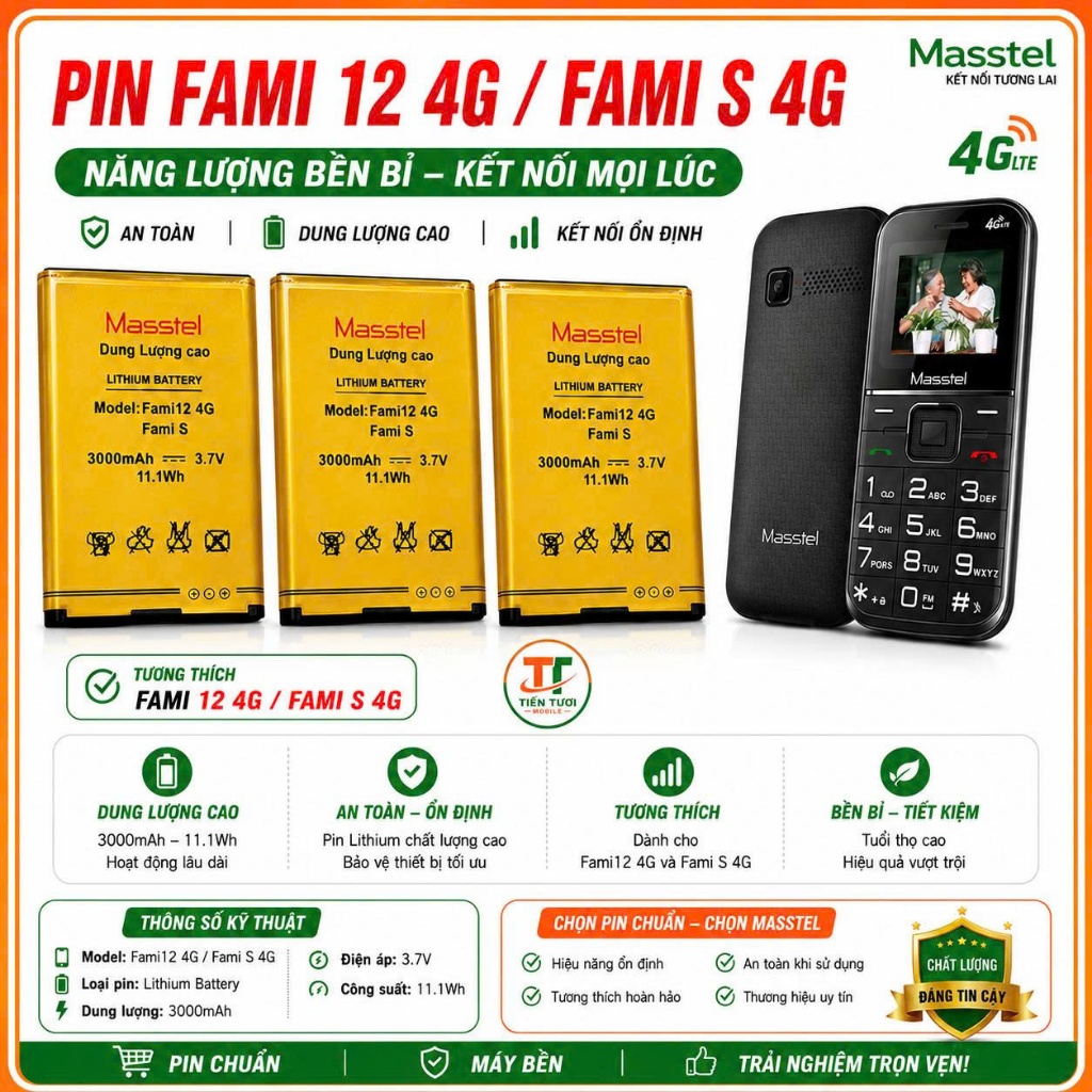 Pin Masstel Fami 12 4G,fami S 4G ,mới,pin vàng