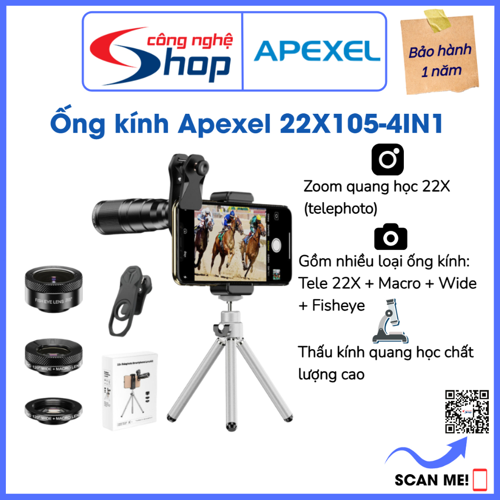 Ống kính camera điện thoại Apexel APL-22X105-4IN1 (Telephoto 22X, Telescope, Wide Macro, Fisheye)