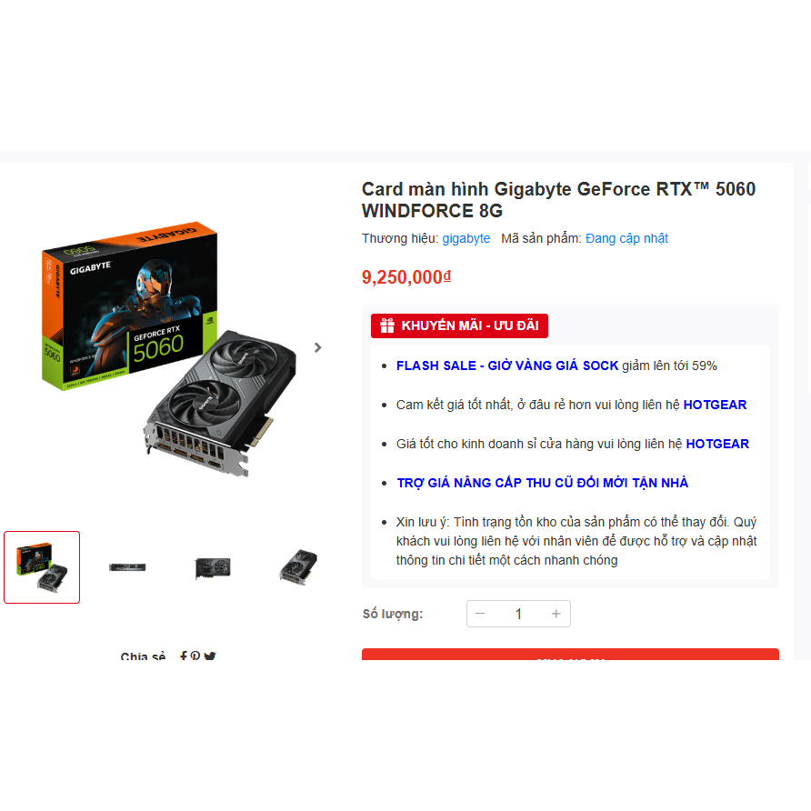 Card màn hình NVIDIA GeForce RTX 5060 Gigabyte WINDFORCE OC | 8GB GDDR7, 3840 CUDA, 450W