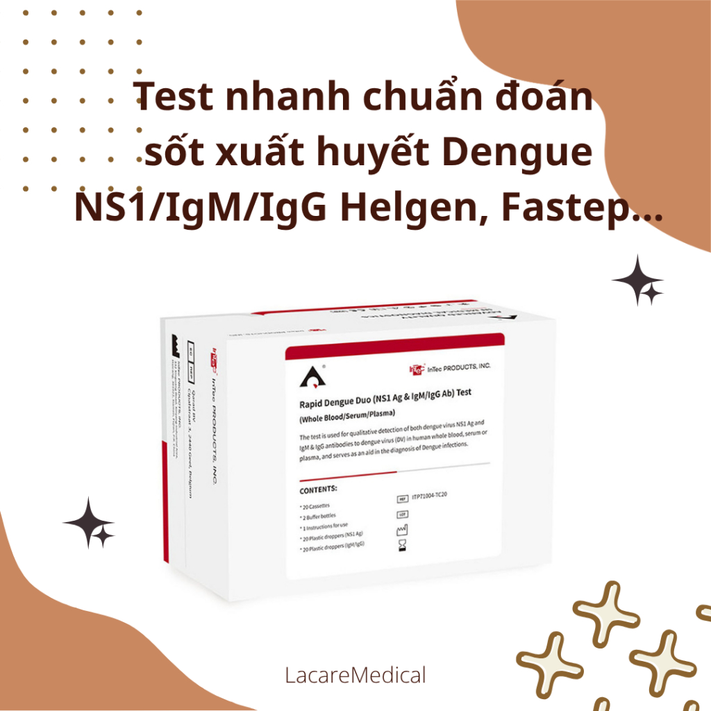 Test nhanh chuẩn đoán sốt xuất huyết Dengue NS1/IgM/IgG Helgen, Fastep...