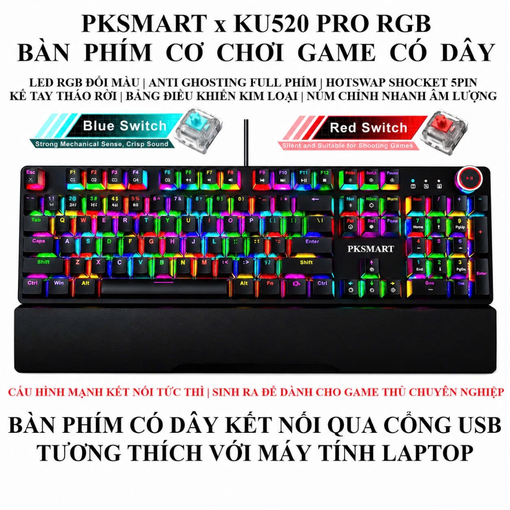 Bàn Phím Cơ Gaming Có Dây - PKSMART x KU520 PRO | LED RGB Đổi Màu | Anti Ghosting | Hotswap Shocket 
