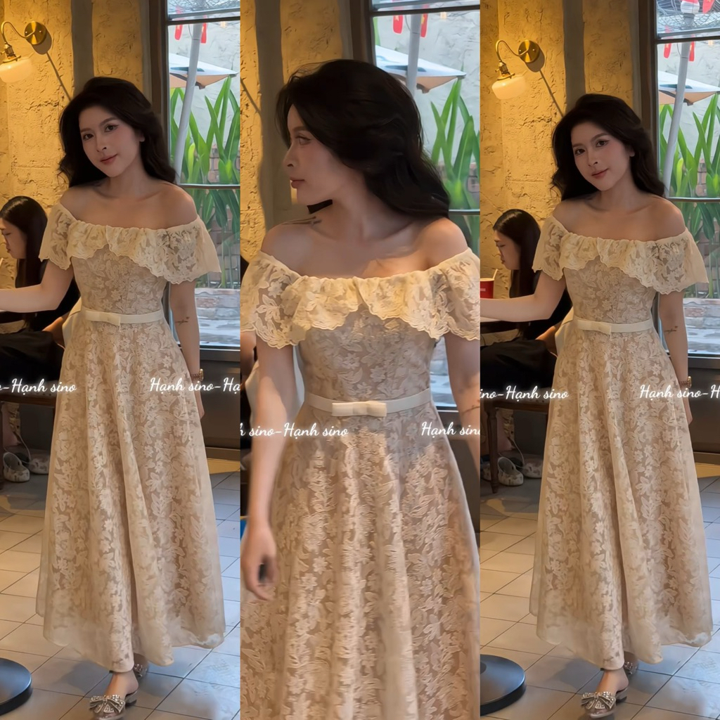 Hạnh sino.97 Váy ren trễ vai kem lót nude mới dáng xoè