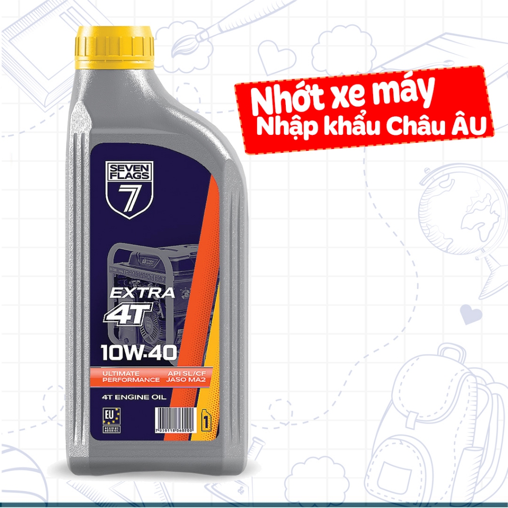 Nhớt Xe Máy 7Flags 10W40 1L, API SL, JASO MA2, Nhập Khẩu Châu Âu, Phù Hợp Xe Số, Xe Ga
