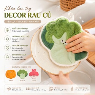 Khăn lau tay nhà bếp in hình rau củ lau tay thấm hút tốt có móc treo và không bám bụi 2 lớp phong cách Hàn Quốc