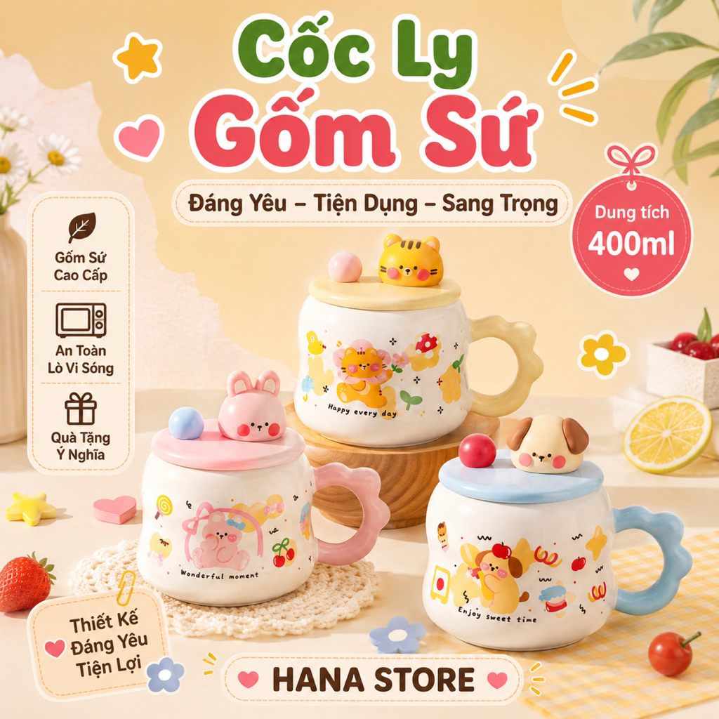 Cốc Ly Gốm Sứ Uống Nước Kèm Nắp 3D Đáng Yêu HANA STORE