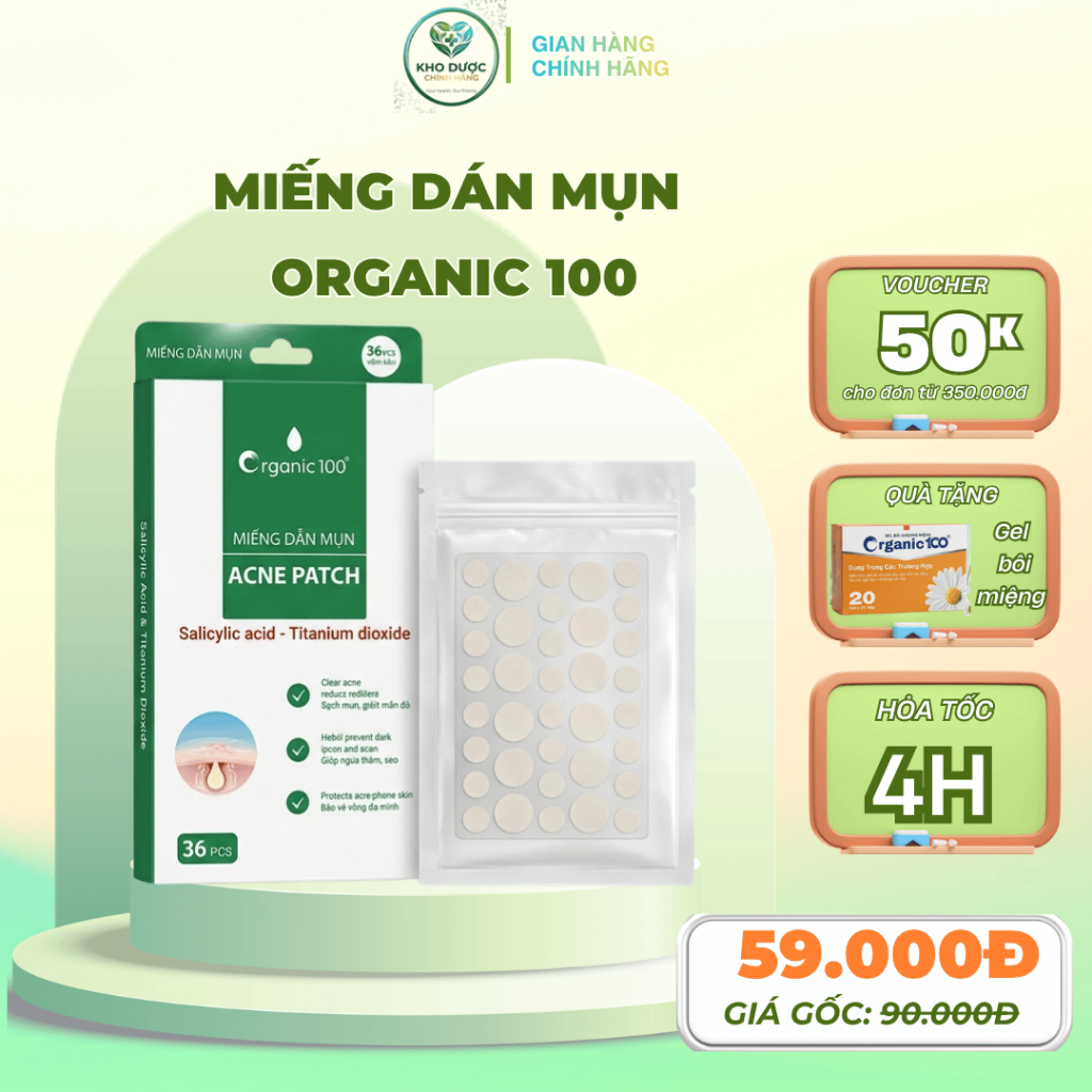 Miếng dán mụn Organic 100 - Sạch mụn, giảm mẩn đỏ - ngừa thâm, sẹo Hộp 36 miếng