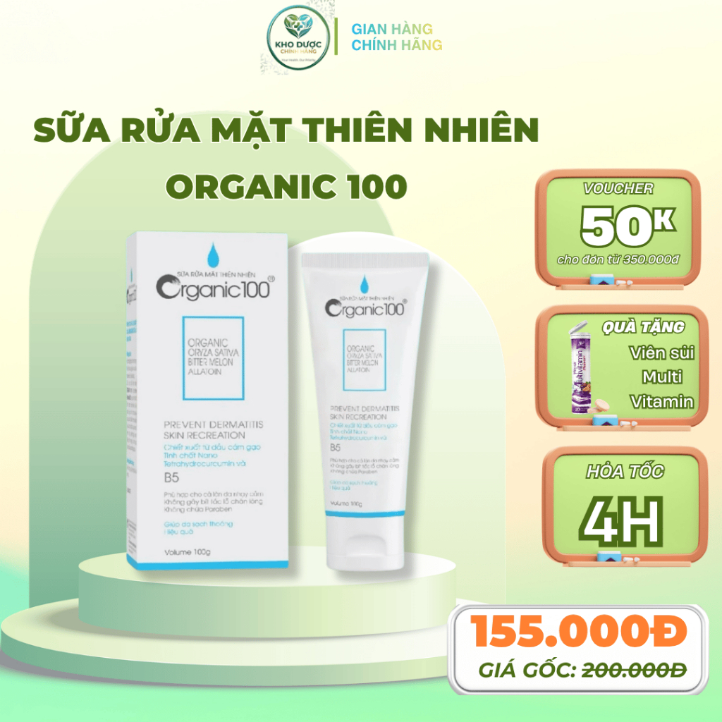 Sữa Rửa Mặt thiên nhiên ORGANIC 100 - Chiết xuất từ cám gạo, vitamin B5