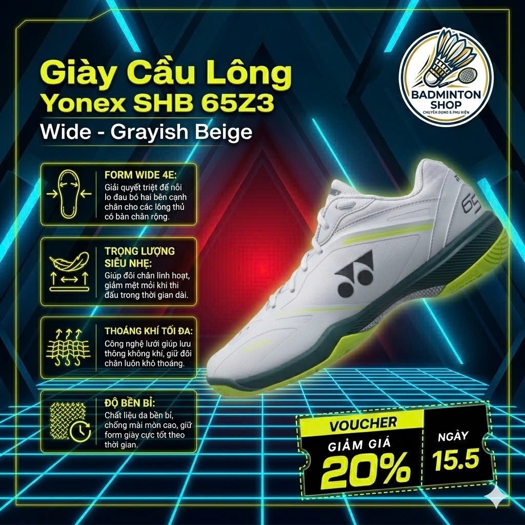Giày Cầu Lông Yonex SHB 65Z3 Wide - Grayish Beige Chính Hãng (Siêu Phẩm Toàn Diện, Form Chân Bè)