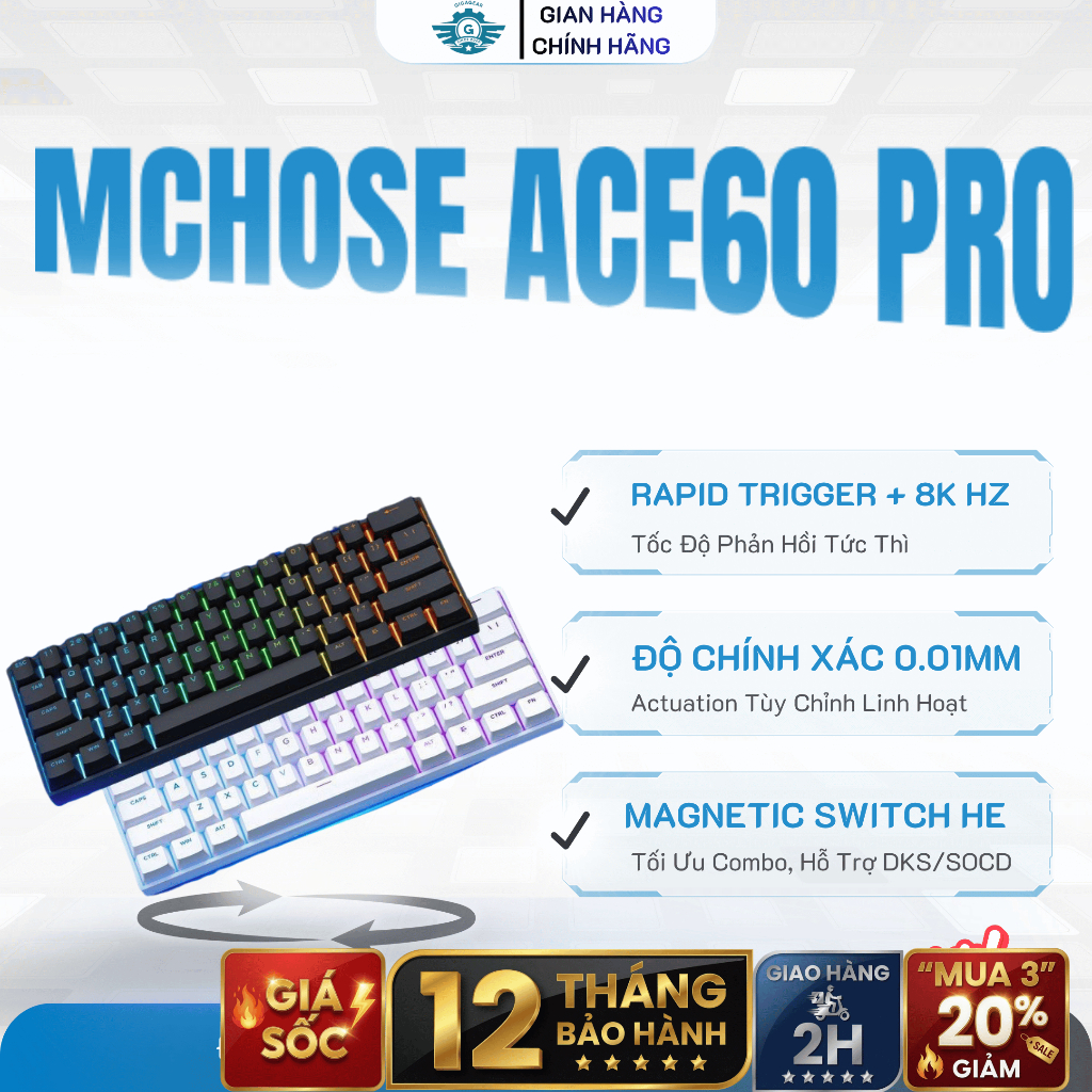 ⚡[Cực Hot] Bàn Phím Cơ Mchose Ace60/Ace68 Pro HE, Hotswap, 8KHz, Rapid Trigger, SnapTap SOCD, 0.01mm