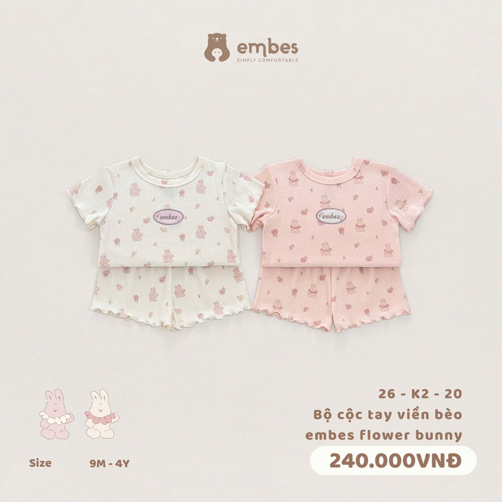 Bộ cộc tay Embes viền bèo hoạ tiết thỏ xinh cho bé gái. Đồ bộ cộc tay cho bé gái BEO.Kids