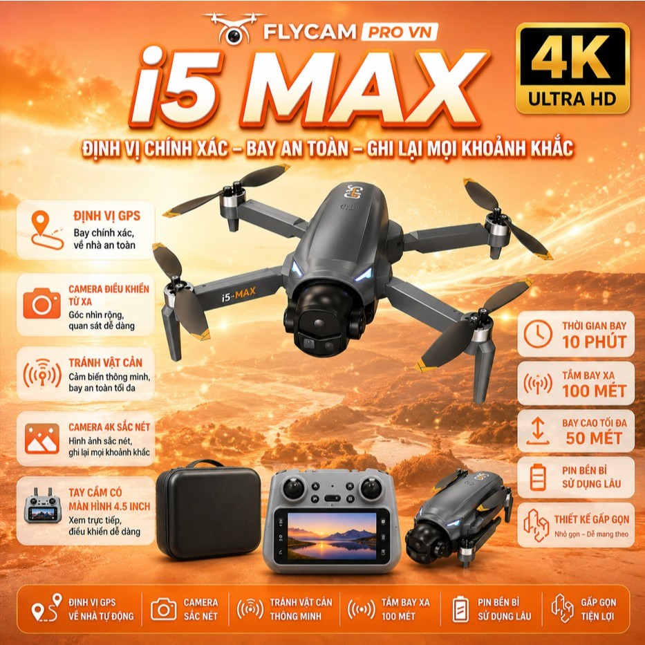 FLYCAM I5 MAX Update 2026,TAY ĐIỀU KHIỂN MÀN HÌNH 4.5 INCH,  GPS TỰ QUAY VỀ, CAMERA KÉP