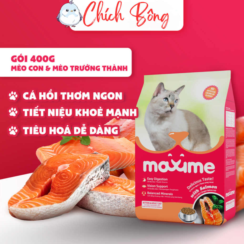 Thức ăn cho mèo vị cá hồi maxime, thức ăn cho mèo mọi lứa tuổi vị cá hồi maxime, hạt cho mèo maxime