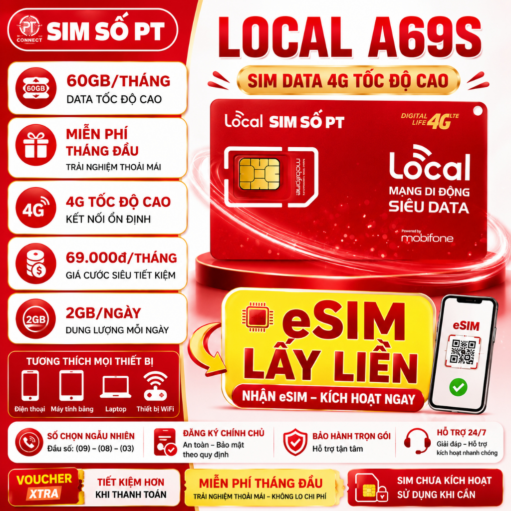 Sim 4G Local A69S Mobifone – 2GB/Ngày tốc độ cao – eSIM Lấy Liền Gia Hạn 69K/Tháng