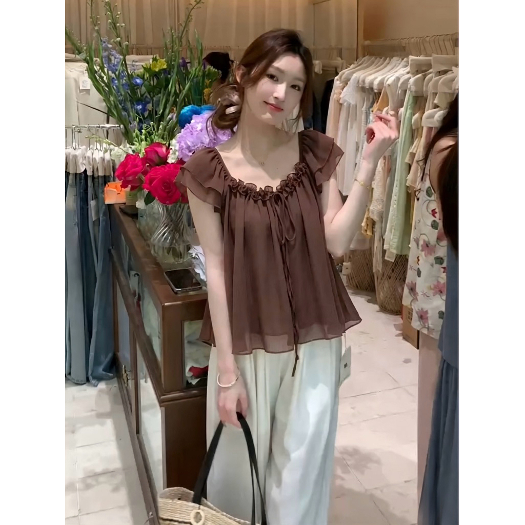 [Hàng Chuẩn QC] Áo babydoll tay cánh tiên phối viền bèo cổ thắt nơ chất liệu voan lụa mềm mại Finny Top - A6423 | BigBuy360 - bigbuy360.vn