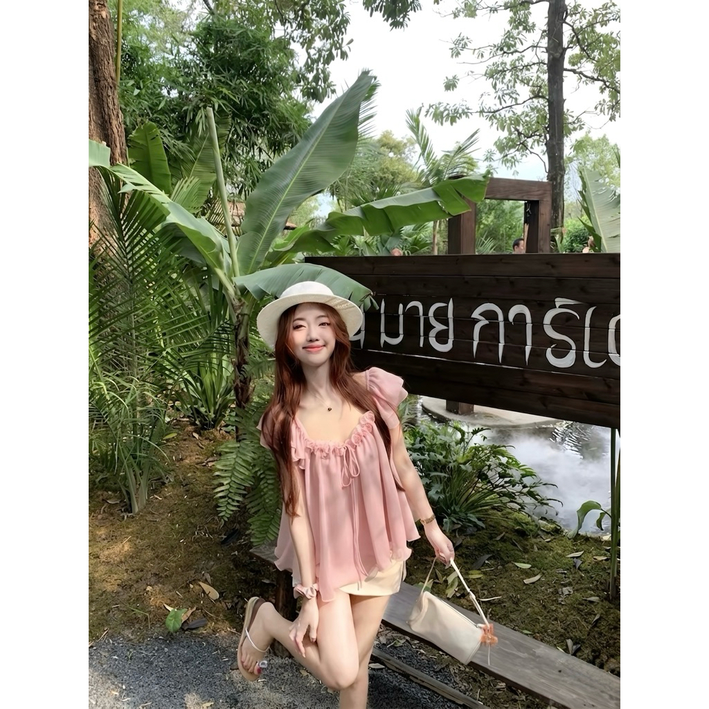 [Hàng Chuẩn QC] Áo babydoll tay cánh tiên phối viền bèo cổ thắt nơ chất liệu voan lụa mềm mại Finny Top - A6423 | BigBuy360 - bigbuy360.vn