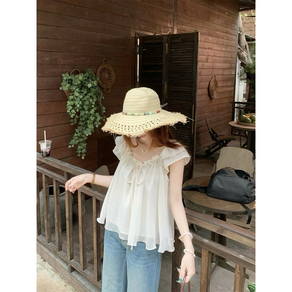 [Hàng Chuẩn QC] Áo babydoll tay cánh tiên phối viền bèo cổ thắt nơ chất liệu voan lụa mềm mại Finny Top - A6423 | BigBuy360 - bigbuy360.vn