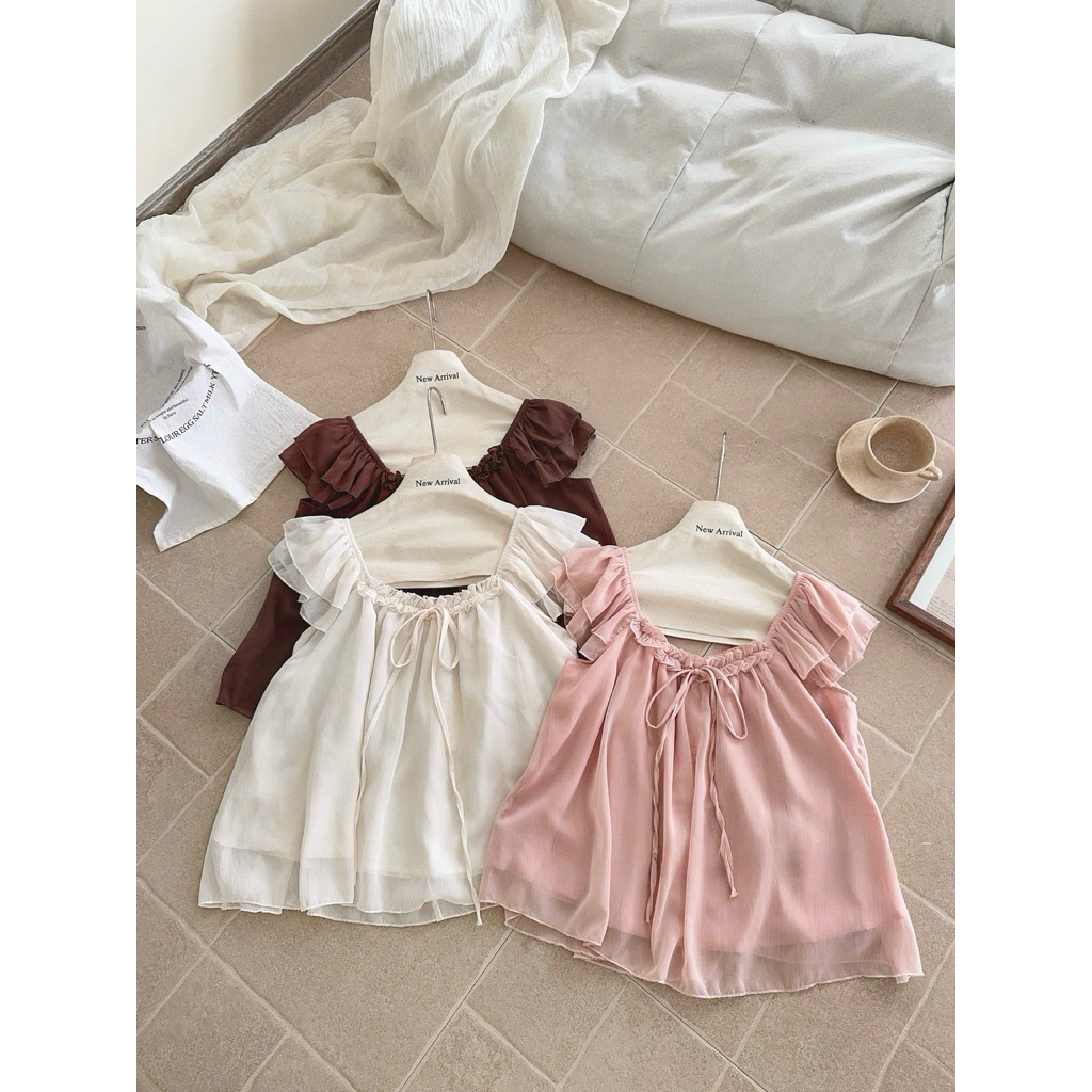 [Hàng Chuẩn QC] Áo babydoll tay cánh tiên phối viền bèo cổ thắt nơ chất liệu voan lụa mềm mại Finny Top - A6423 | BigBuy360 - bigbuy360.vn