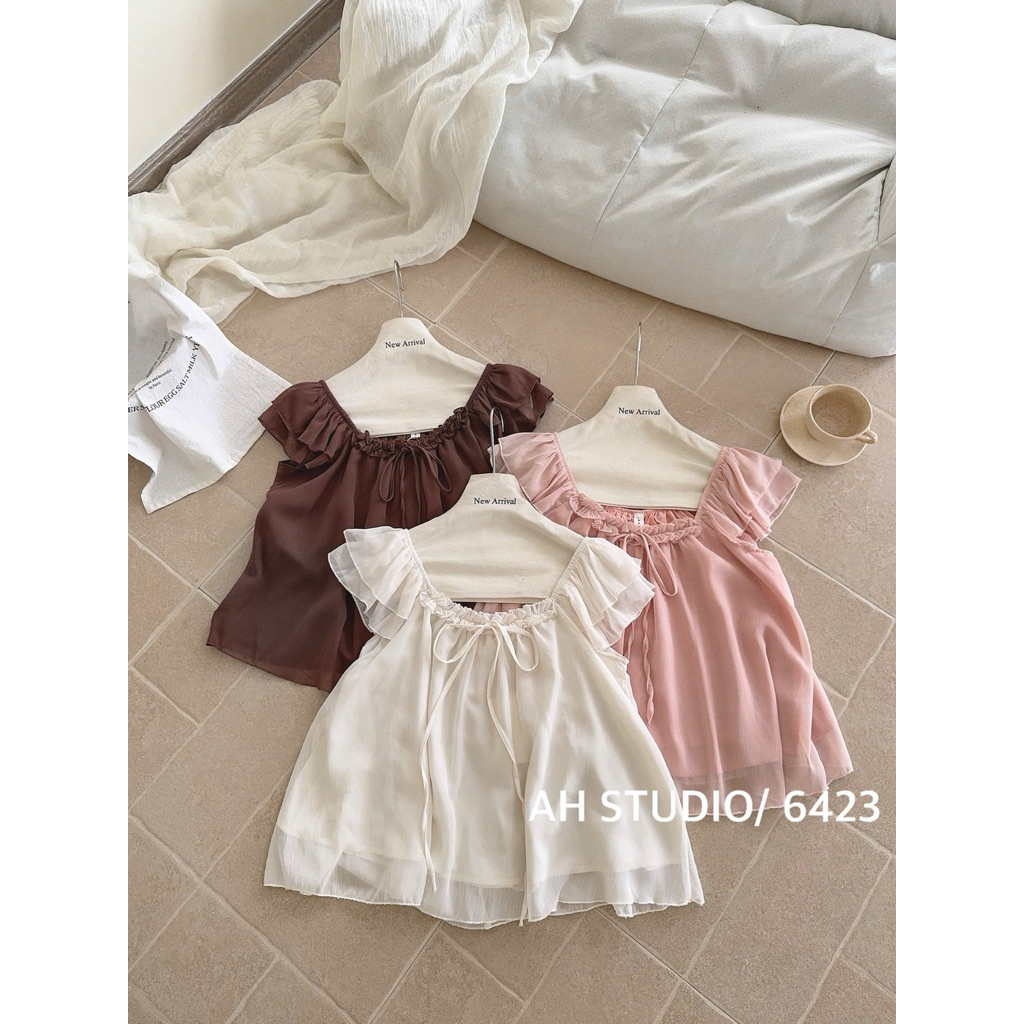 [Hàng Chuẩn QC] Áo babydoll tay cánh tiên phối viền bèo cổ thắt nơ chất liệu voan lụa mềm mại Finny Top - A6423 | BigBuy360 - bigbuy360.vn