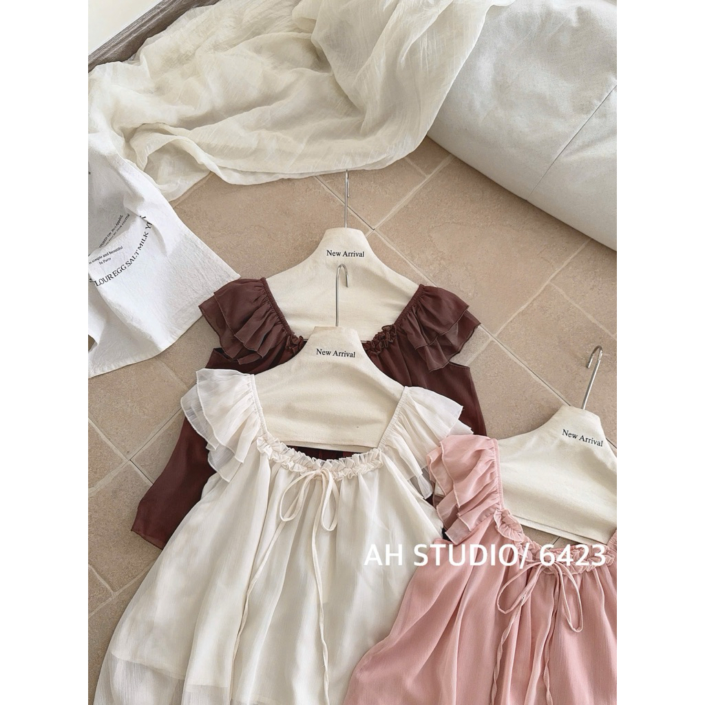 [Hàng Chuẩn QC] Áo babydoll tay cánh tiên phối viền bèo cổ thắt nơ chất liệu voan lụa mềm mại Finny Top - A6423 | BigBuy360 - bigbuy360.vn