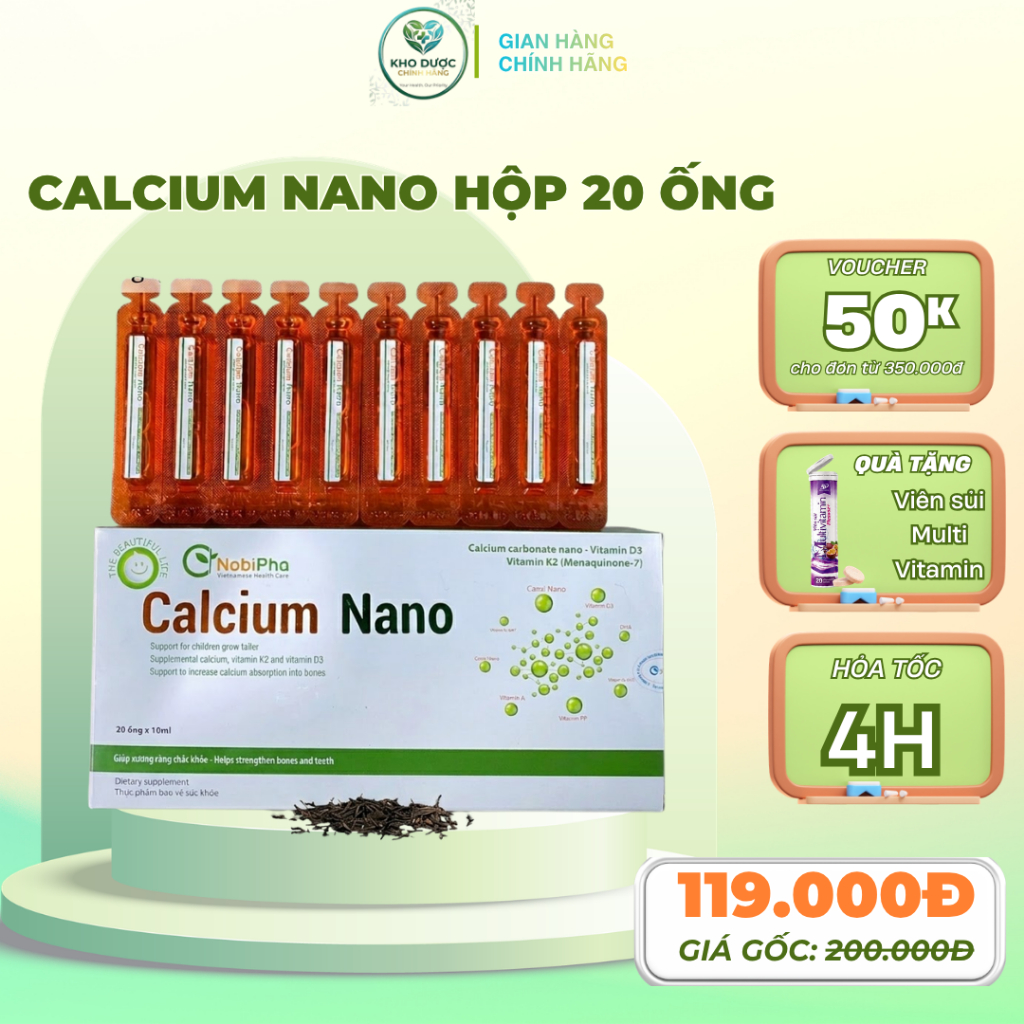 Calcium Nano hộp 20 ống - Bổ sung canxi, vitamin K2, vitamin D3, tăng cường canxi, giảm nguy cơ loãn