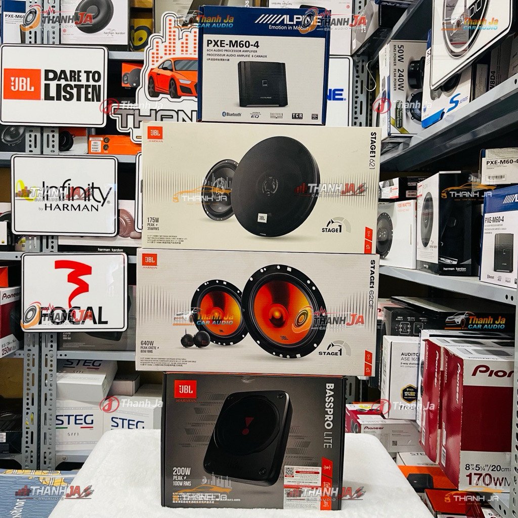 Combo âm thanh Xe Đẩy Đủ , Jbl Bass pro lite, jbl Stage 1 62CF, jbl Stage 1 621, Amply DSP Alpine M6