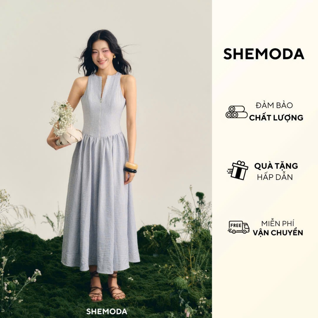 Váy Maxi Nữ Sát Nách Kẻ Xanh Mát Dịu SHEMODA ZIPPY DRESS Chất Liệu Cao Cấp Thanh Lịch | BigBuy360 - bigbuy360.vn