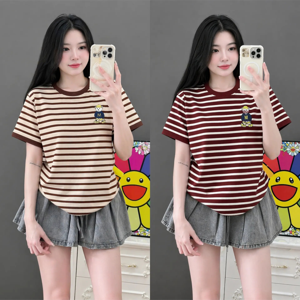 Combo 2 Áo Babytee Cổ Tròn - In Hình Gấu M, Chất Cotton Bozip Mềm Mại, Co Giãn…
