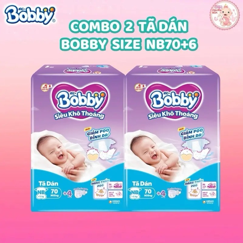 Combo 2 Tã Dán Bobby Siêu Khô Thoáng Size NB70/S80/M76