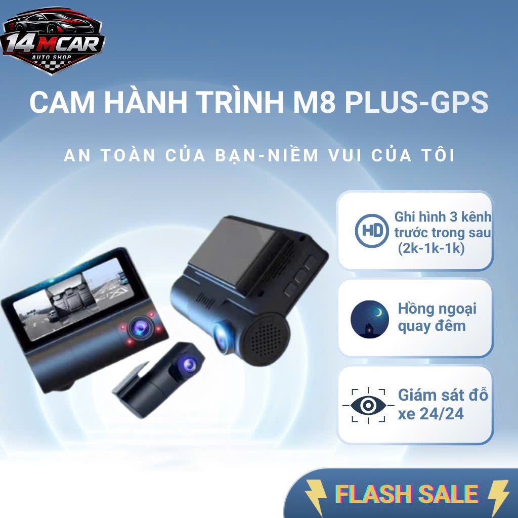 14MCAR Cam hành trình 3 mắt M8plus 4K-1K- 1K (GPS hiển thị tốc độ khi xem lại) kết nối điện thoại
