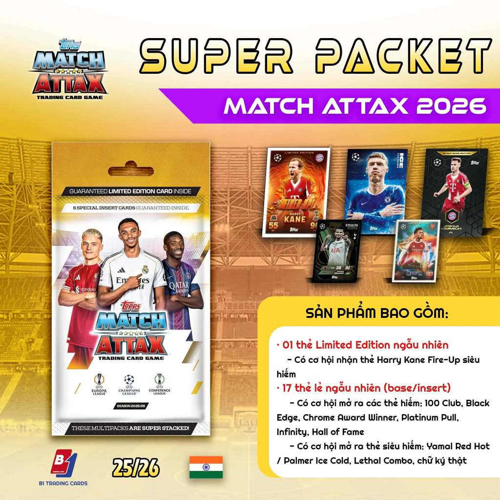 Super Packet (18 thẻ) - Topps Match Attax 2026 - Thẻ Cầu Thủ Bóng Đá Champion League, Europa League