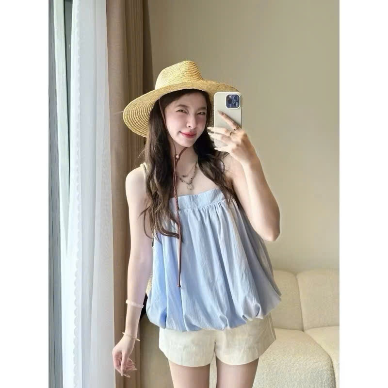 Áo 2 dây bí phồng có dây điều chỉnh dáng babydoll , áo 2 dây đi biển mùa hè chất gió nhăn cao cấp A17 SUTANO | BigBuy360 - bigbuy360.vn
