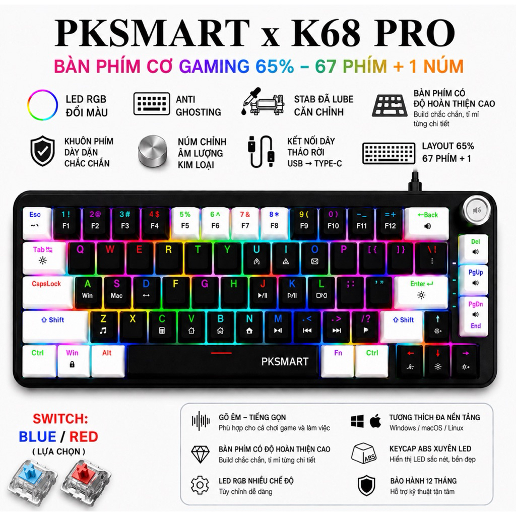 PKSMART x K68 PRO | Bàn Phím Cơ Mini Gaming Có Dây | LED Nền Viền RGB Đổi Màu | Anti Ghosting | Dùng