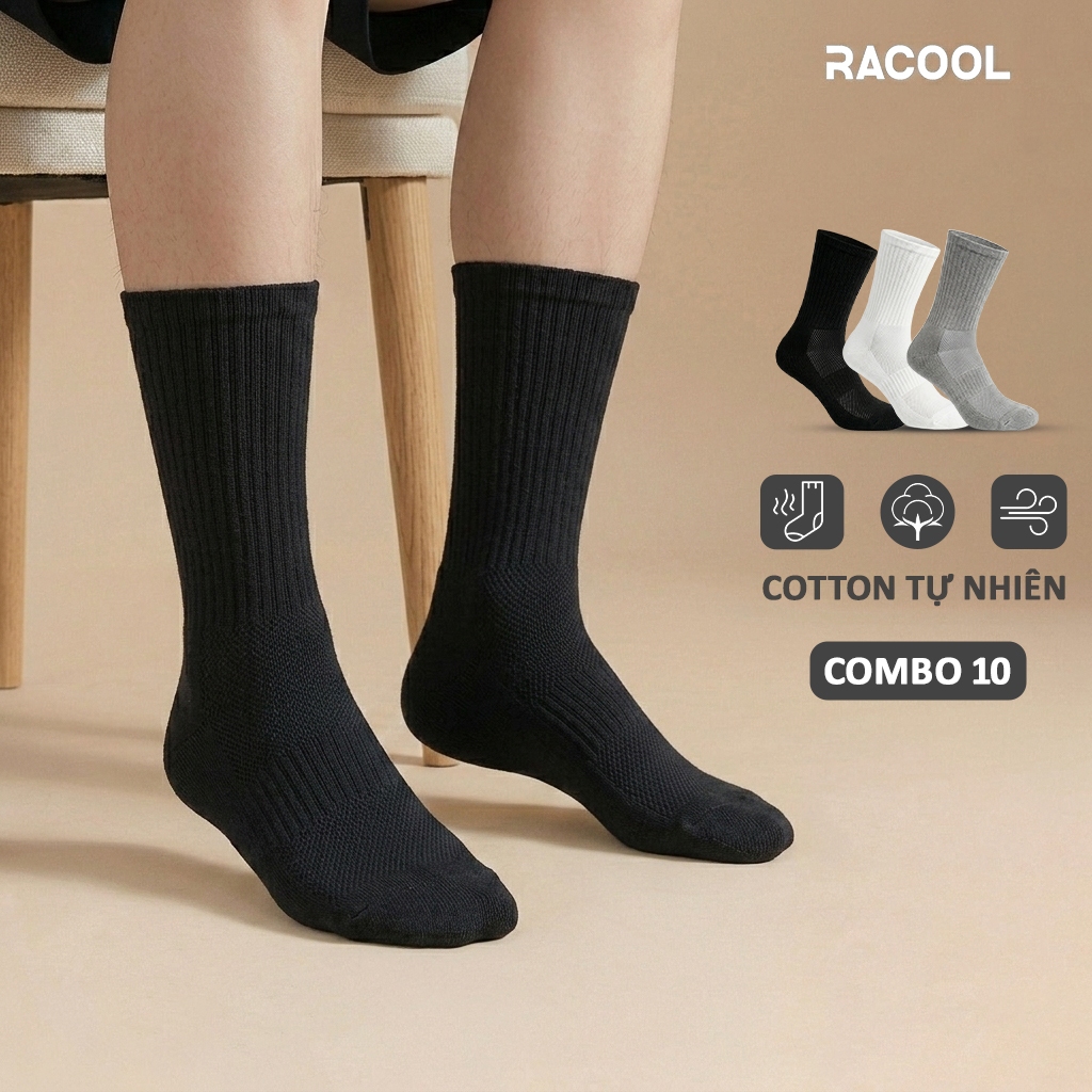 Combo 10 Tất cổ cao Cotton Premium siêu mềm mịn, tất vớ cổ trung chống trượt, thoáng khí, khử mùi unisex ModaCrew