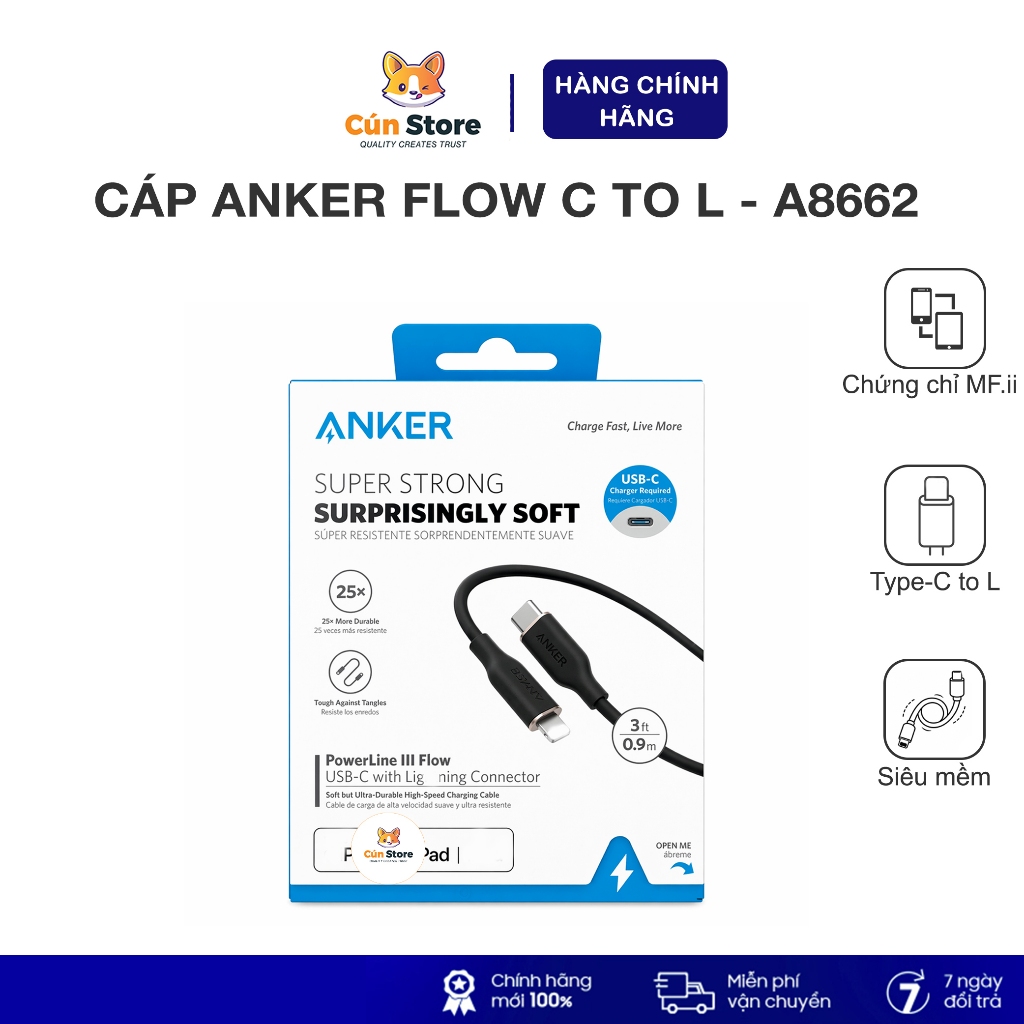 Cáp Sạc Nhanh Anker A8662 Flow Type-C to L, PD 30W Silicon Mềm Mại Cao Cấp Cho IP | Bảo Hành 12 Thg