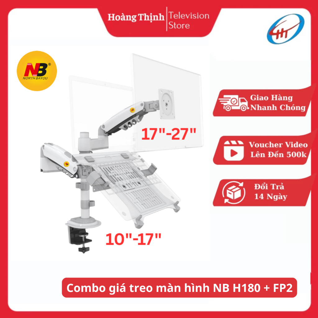 Combo Giá Treo Màn Hình Dual Monitor NB H180 & Khay Đỡ Laptop FP-2 – Xoay 360 Độ, Chịu Lực Cực Tốt