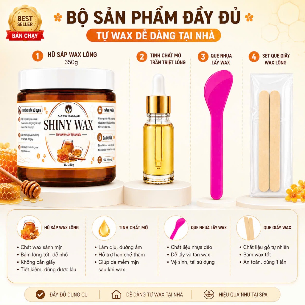 Tẩy Lông Mật Ong Shiny Wax 350g Kèm Que Gỗ ( BỘ 4 SẢN PHẨM ) Wax Lông Tại Nhà Dịu Nhẹ Cho Tay Chân N