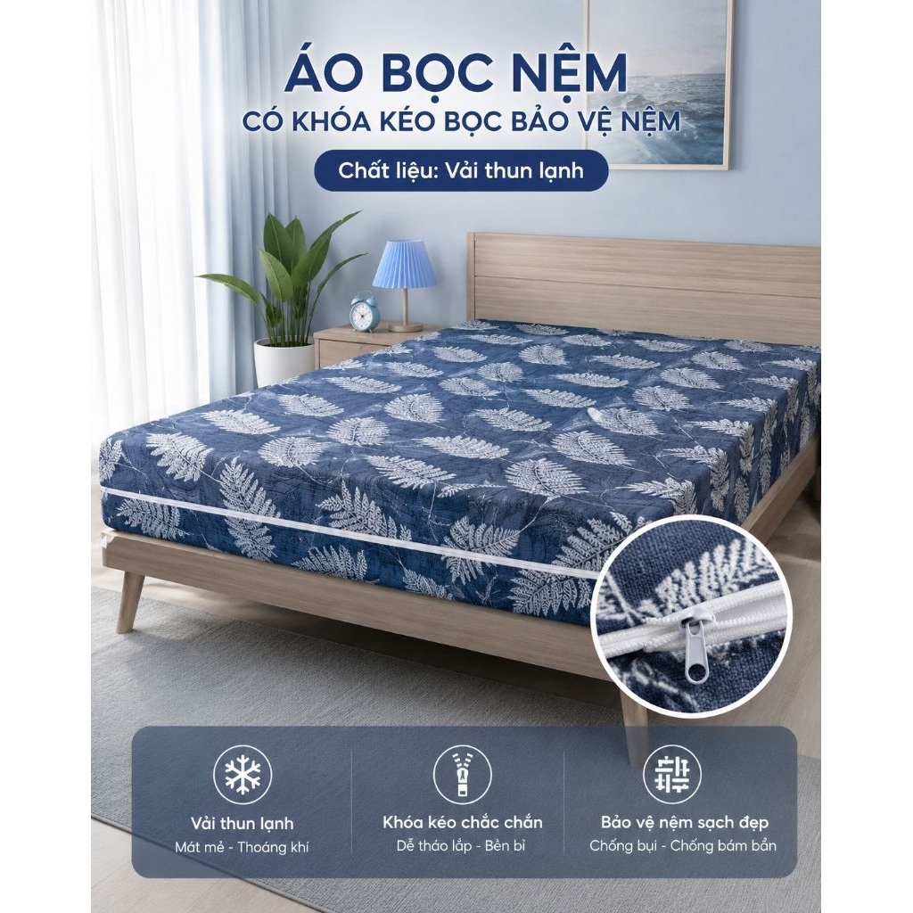 Áo bọc nệm có khóa kéo bảo vệ nệm chất vải thun lạnh