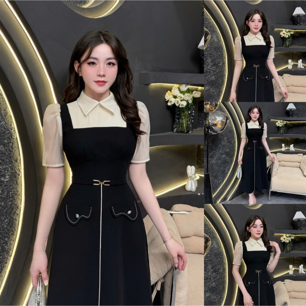 TY177 - Váy Thiết Kế Evii dành cho nữ, Đầm thiết kế cổ bẻ phối tơ, đai may liền dáng A dài