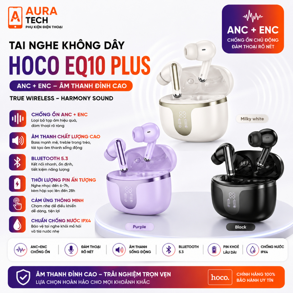 TAI NGHE BLUETOOTH HOCO EQ10 PLUS TRUE WIRELESS – CHỐNG ỒN ANC & ENC, ÂM THANH CHẤT LƯỢNG CAO