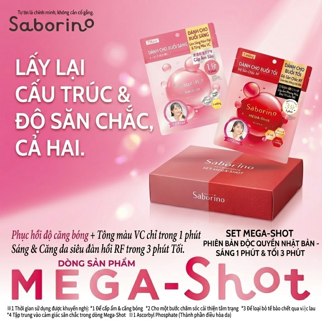 [Hàng Chính Hãng Nhật] Bộ Mặt Nạ Cao Cấp Saborino MEGA-Shot (Sáng 1-Phút VC Toning 7 Miếng + Tối 3-P