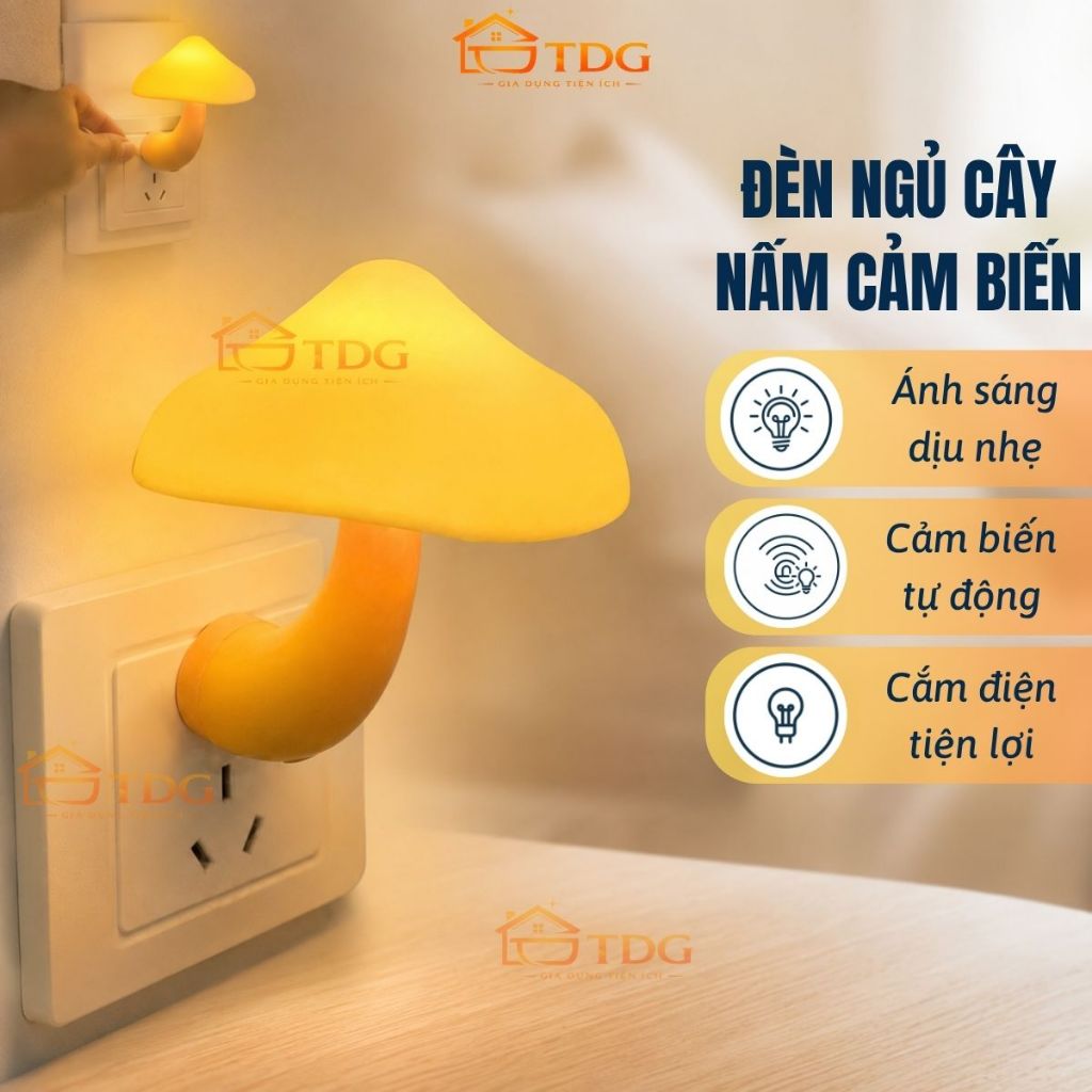 Đèn ngủ mini hình cây nấm dễ thương CMS dèn ngủ cảm biến thông minh tự động bật tắt ánh sáng vàng ấm