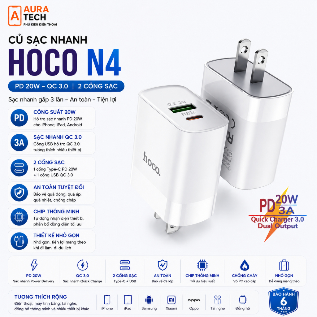 Củ Sạc Nhanh HOCO C80 20W - Tương Thích iPhone 13 Pro Max, 12 Mini, Type-C PD 20W